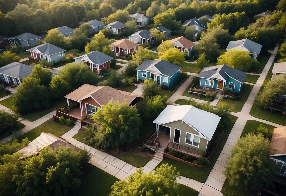 Aerial view of tiny home community in Houston, Texas. Lush greenery, communal spaces, and cozy homes nestled together