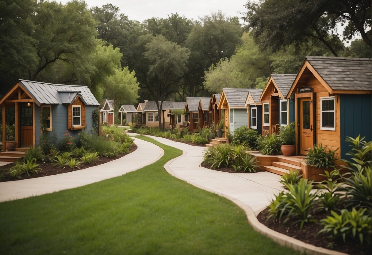 Several tiny homes nestled among lush greenery in a community setting, with a central gathering area and walking paths in Houston, Texas