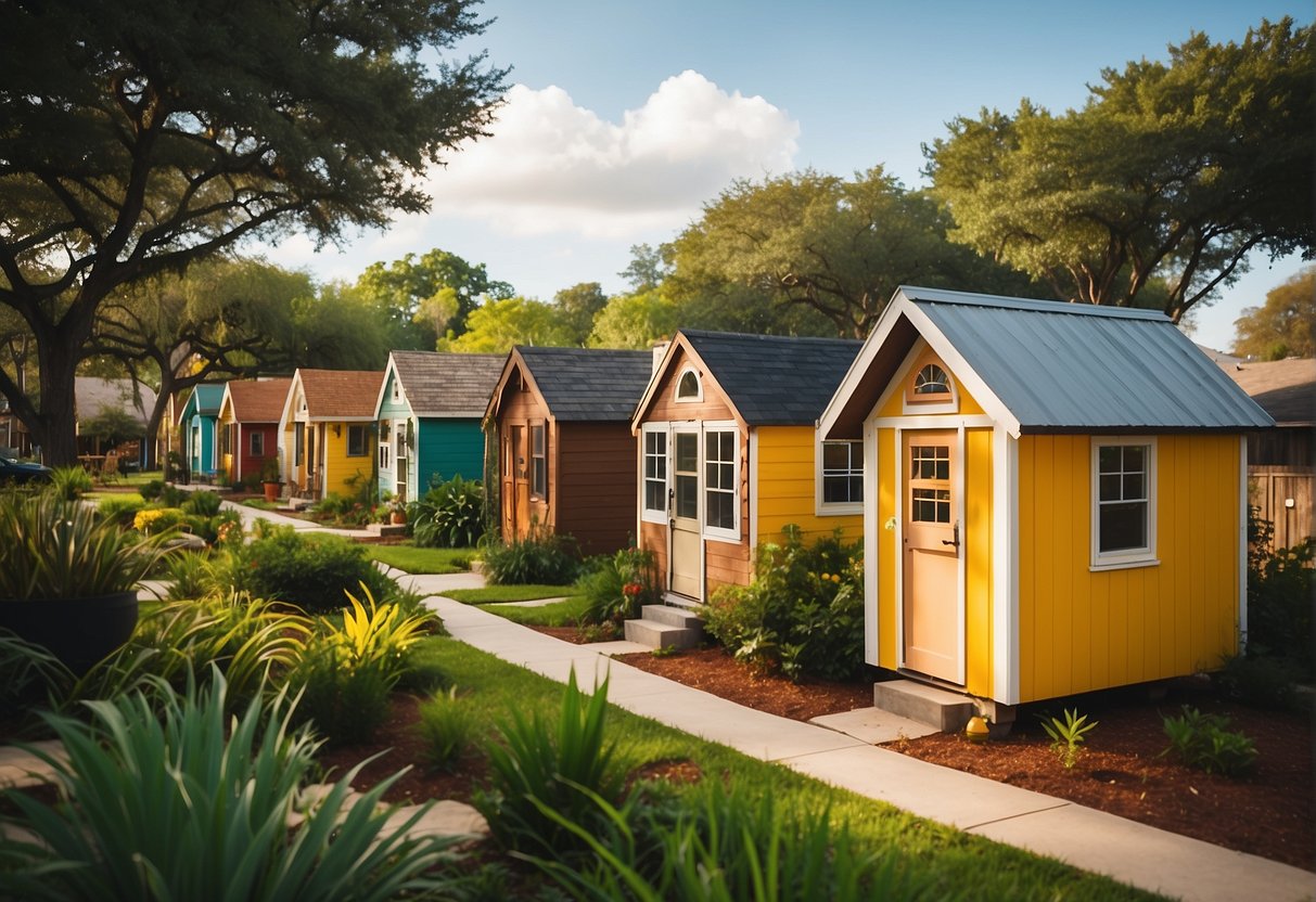 A cluster of colorful tiny homes nestled among lush greenery in a vibrant community setting in Houston, Texas