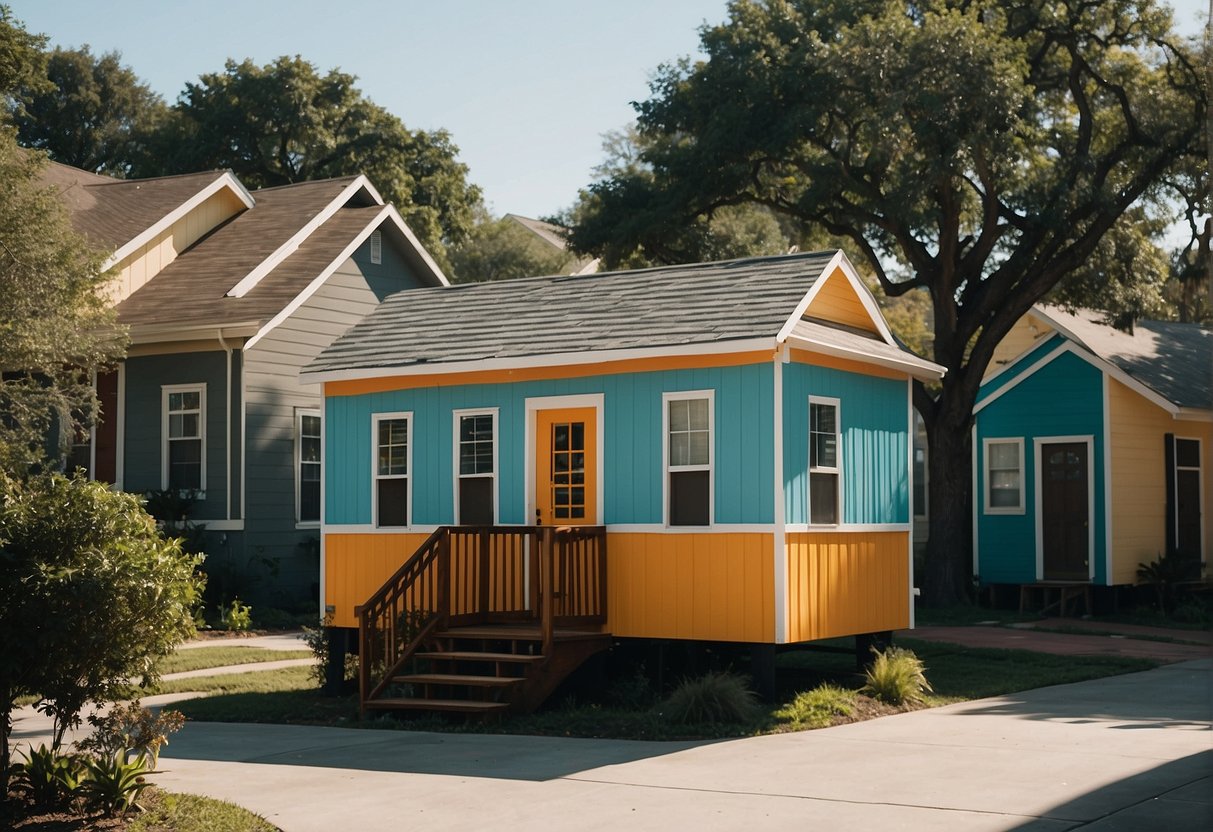 A bustling tiny home community in Houston, Texas, with colorful houses, communal spaces, and residents engaging in various activities