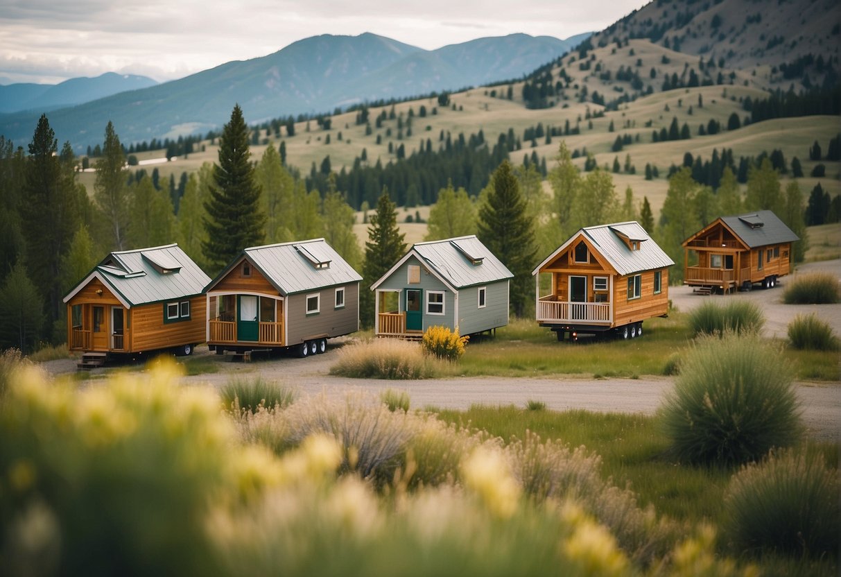 A cluster of tiny homes nestled in the picturesque landscape of Idaho, surrounded by lush greenery and towering mountains in the background