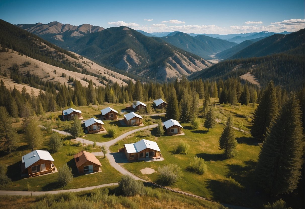 Aerial view of clustered tiny homes in Idaho, nestled among trees and surrounded by mountains