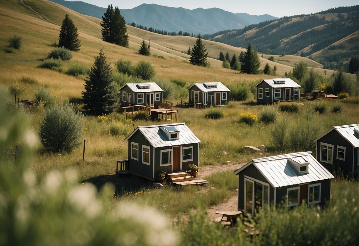 A cluster of tiny homes nestled in the rolling hills of Idaho, surrounded by lush greenery and a serene mountain backdrop