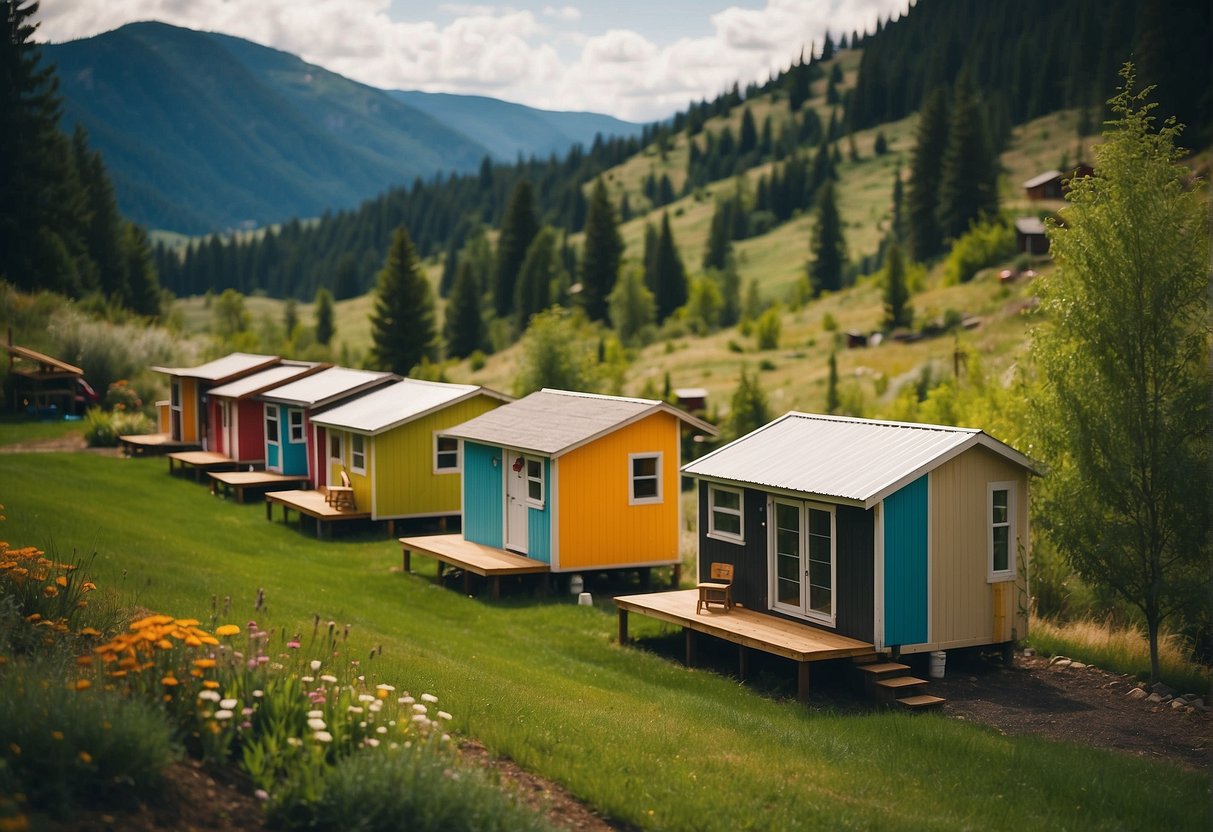 A row of colorful tiny homes nestled in the scenic mountains of Idaho, surrounded by lush greenery and communal gathering spaces