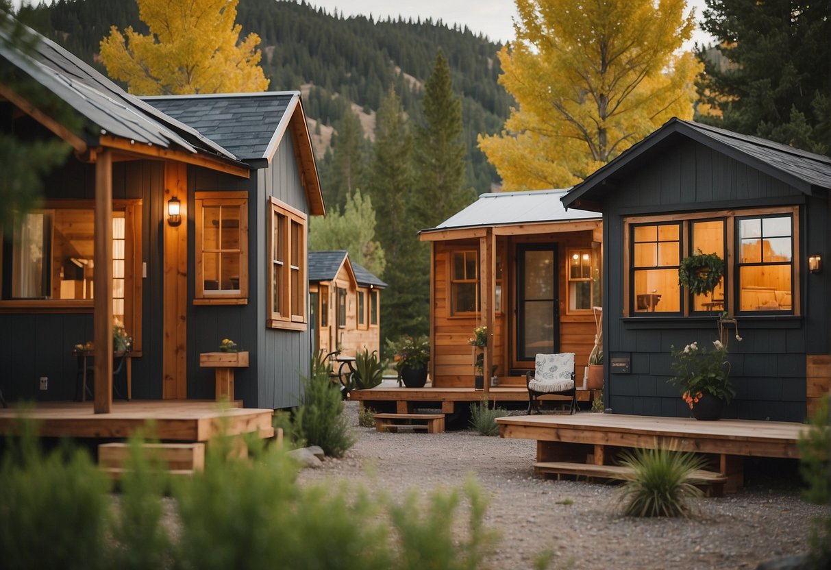 A variety of tiny homes nestled in a scenic Idaho community, showcasing different ownership options for potential residents