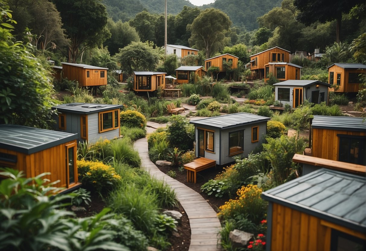 A cluster of tiny homes surrounded by lush greenery, with a central communal area and small, winding pathways connecting the homes
