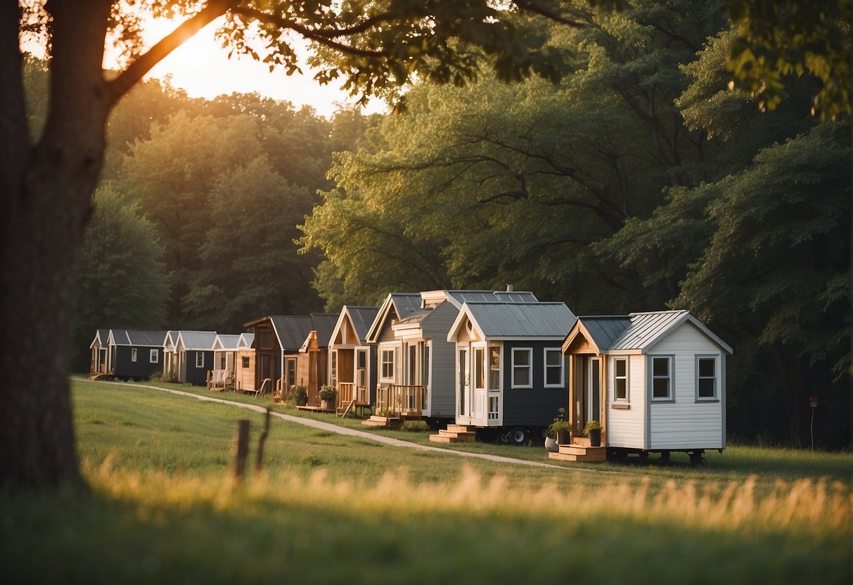 Several tiny homes nestled amongst trees in a rural Illinois community