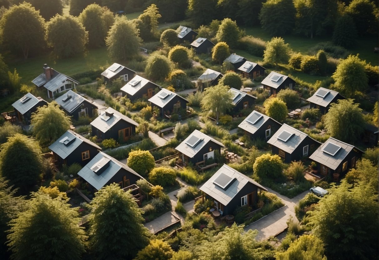 Aerial view of tiny homes clustered in a lush green landscape with communal spaces and gardens, showcasing a sense of community and sustainable living