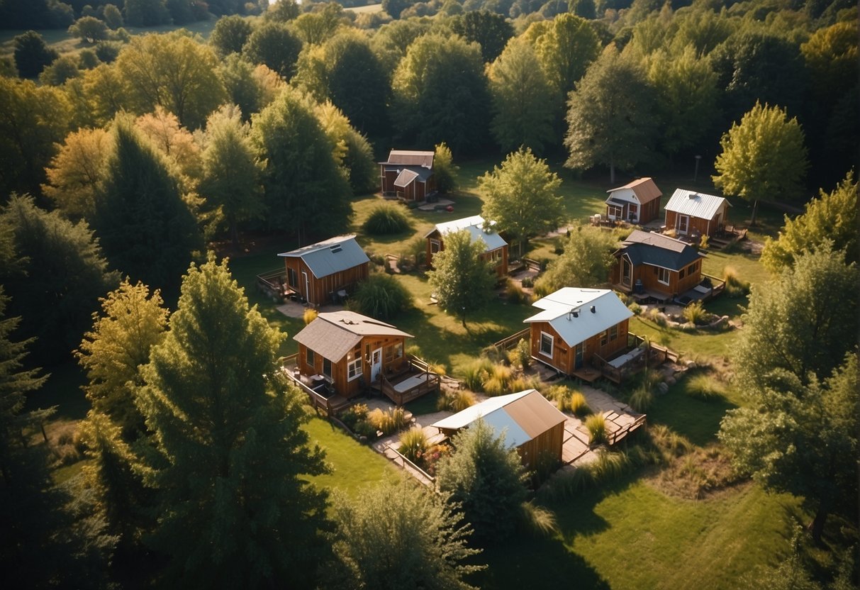 Aerial view of tiny homes nestled in a wooded area, with communal gardens and gathering spaces, surrounded by rolling hills in Illinois