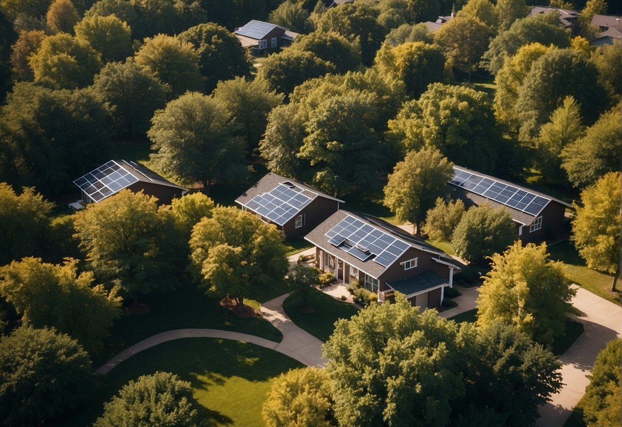 Aerial view of small homes surrounded by trees in Illinois, with communal spaces and solar panels