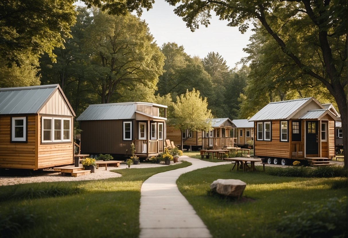 A cluster of tiny homes nestled among trees in an Illinois community, with a central gathering space and shared amenities