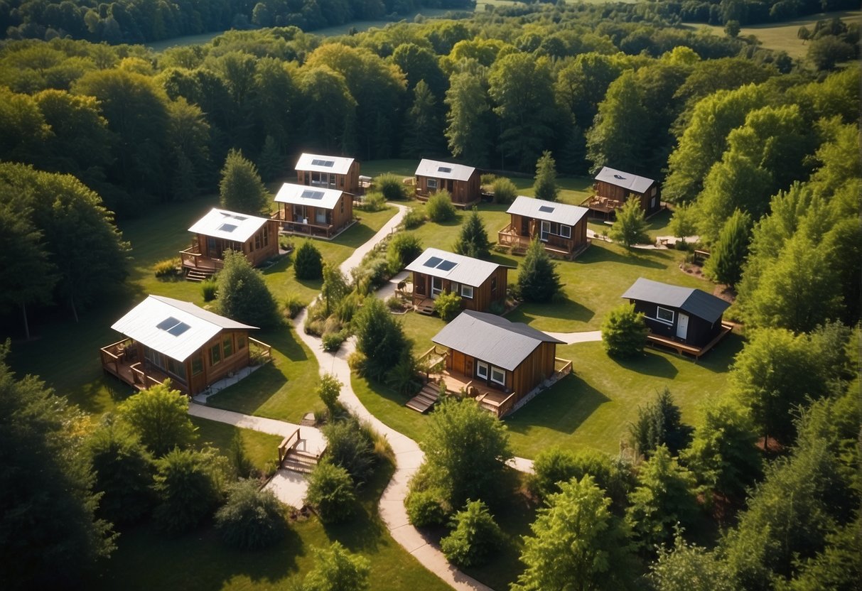 Aerial view of a cluster of tiny homes in a wooded area, with communal spaces and gardens, surrounded by rolling hills in Illinois