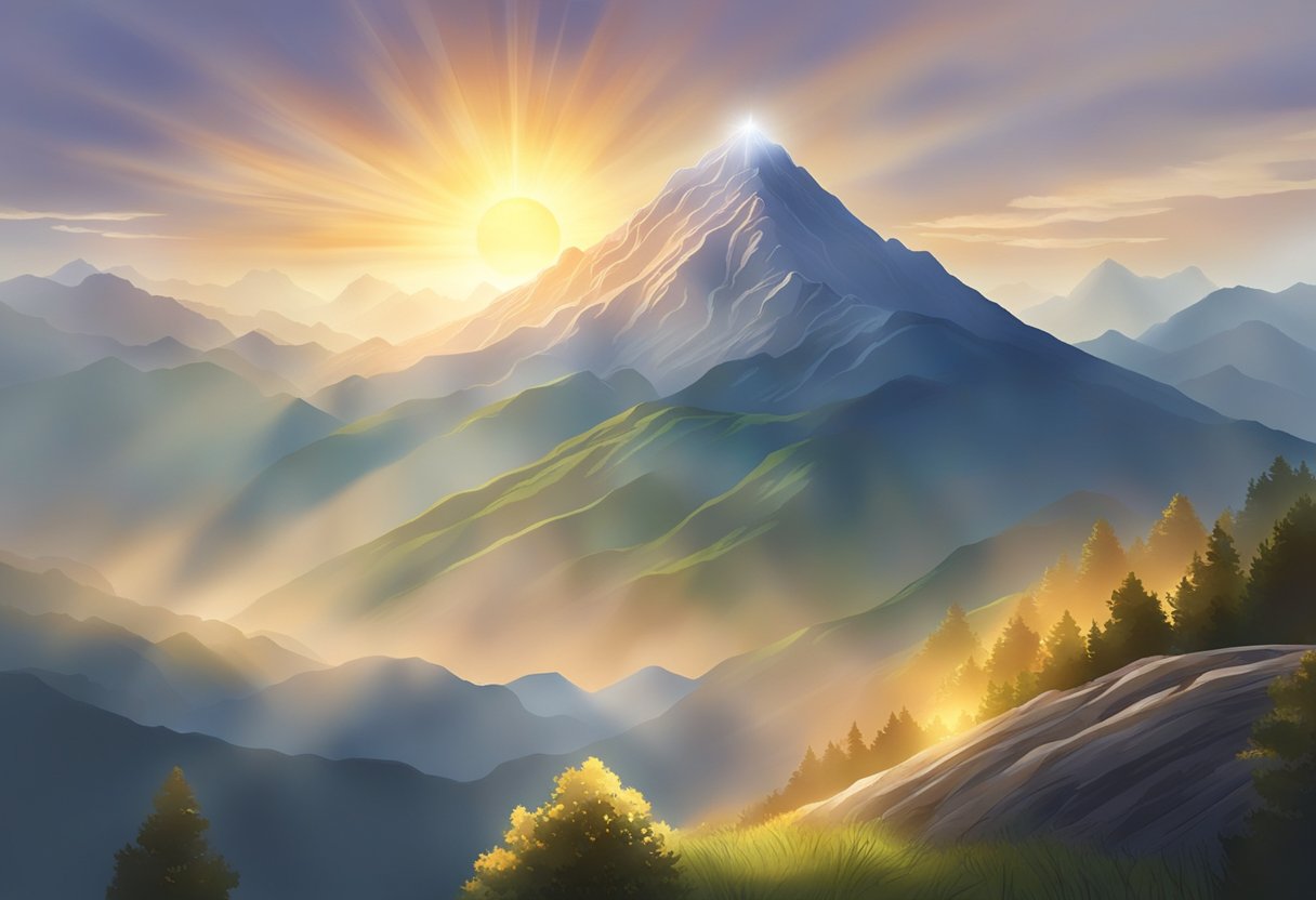 A sunrise over a mountain peak, with rays of light bursting through the clouds, symbolizing the awakening of potential