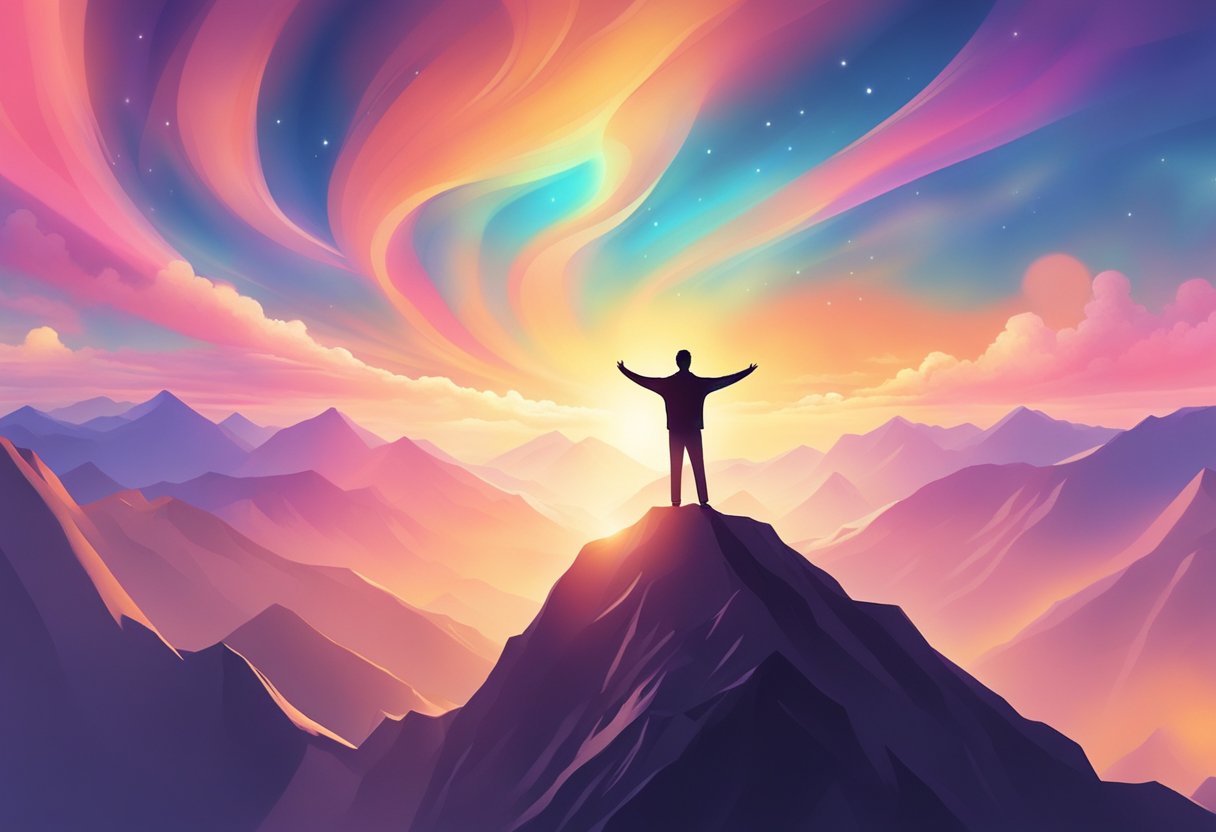 A person standing on a mountain peak, arms raised towards the sky, surrounded by a glowing aura of light and energy