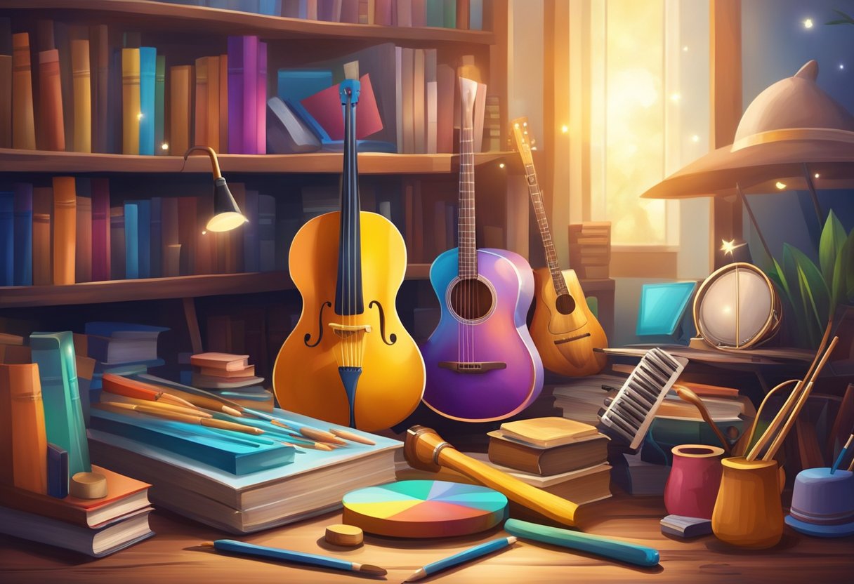 A colorful palette of paintbrushes and musical instruments, surrounded by books and a glowing light, symbolizing the development of skills and talents