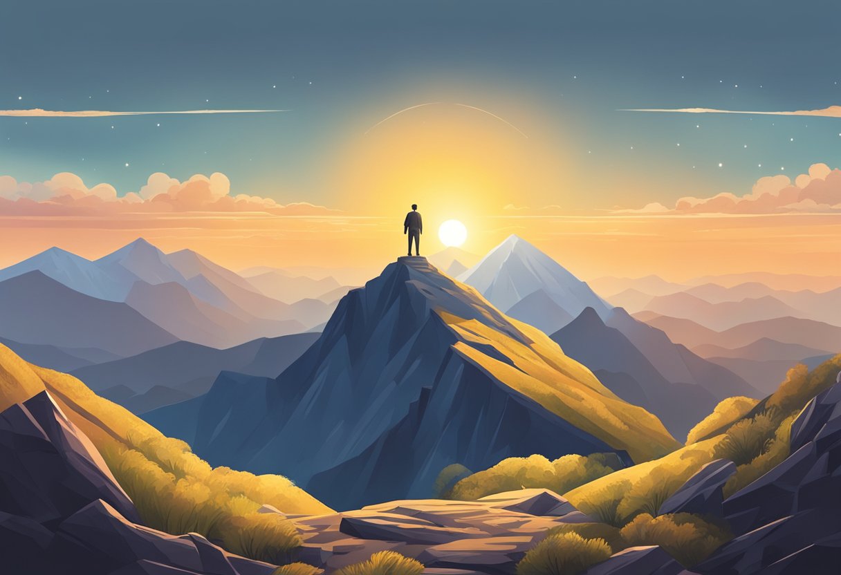 A person standing on a mountain peak, reaching towards the sky with determination and ambition. The sun is rising in the background, symbolizing new beginnings and potential