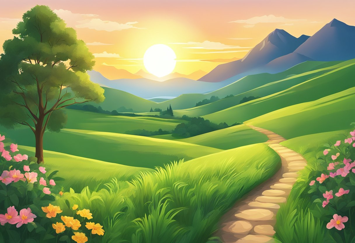 A bright sun rises over a calm, green landscape, with a winding path leading towards a distant mountain peak