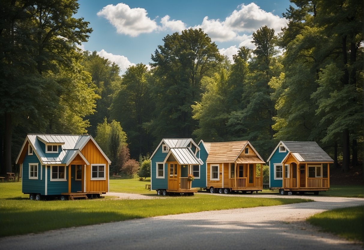 A cluster of tiny homes nestled among trees in rural Indiana. Each home is unique in design, with colorful exteriors and small gardens