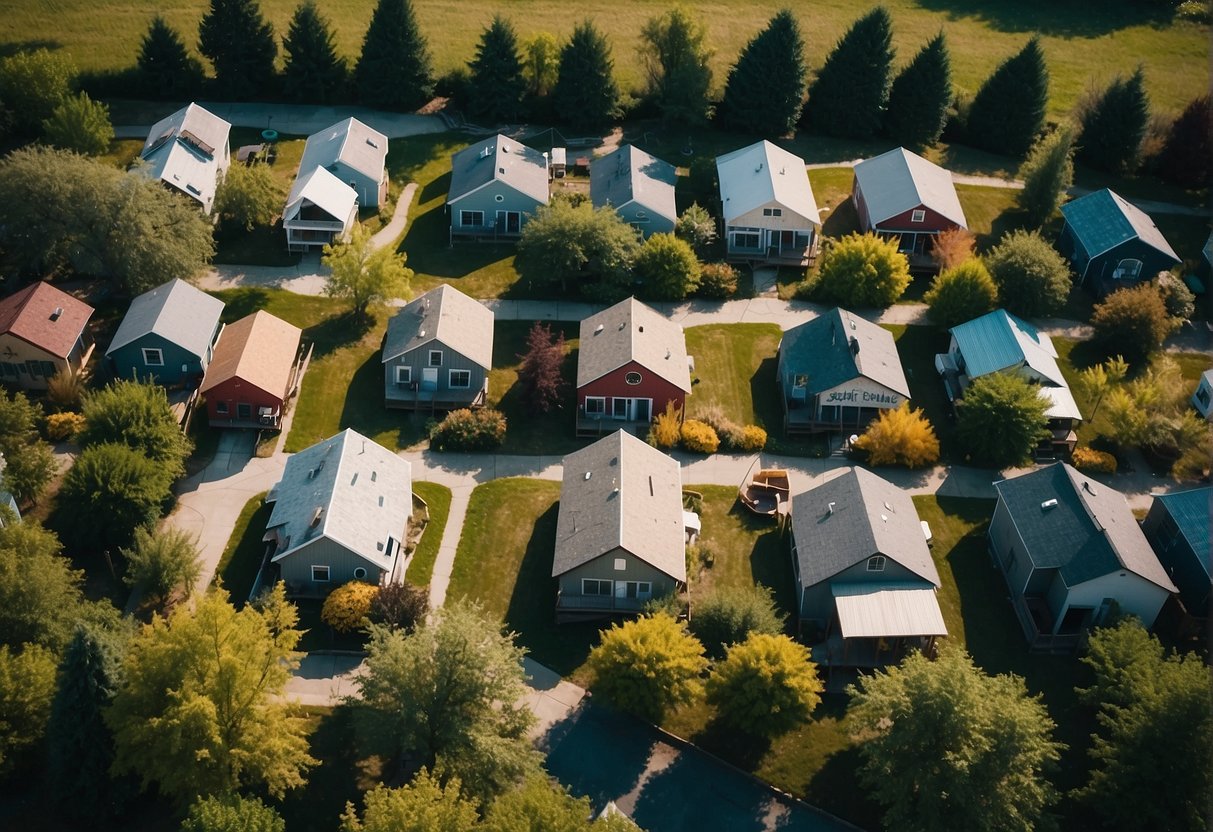Aerial view of tiny homes clustered in a serene Indiana landscape, with communal spaces and gardens interwoven throughout the community