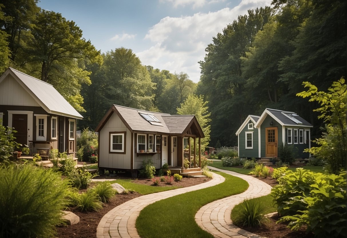 A variety of tiny homes nestled in a picturesque Indiana community. Different styles and sizes are scattered among lush greenery and winding pathways