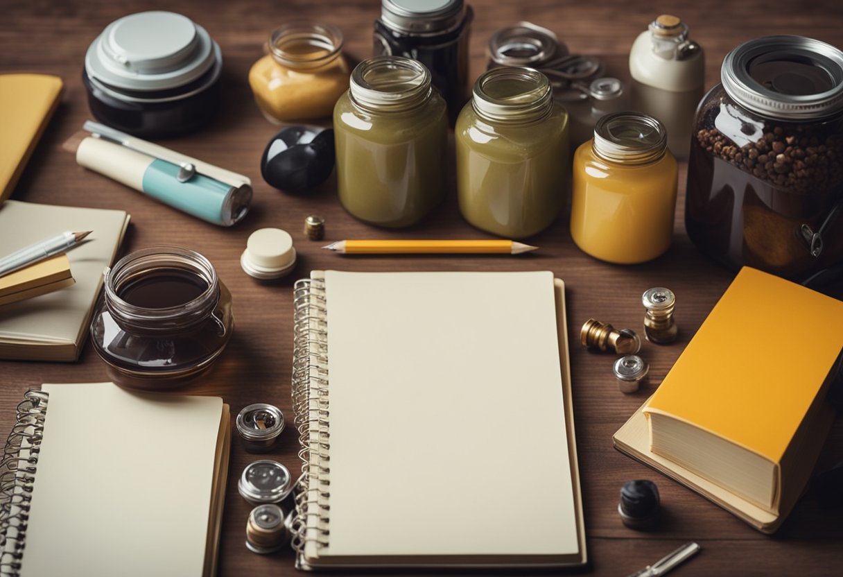 Household items arranged on a table, with a notebook and pencil for planning. A variety of items such as jars, bottles, and old furniture are visible, ready for repurposing