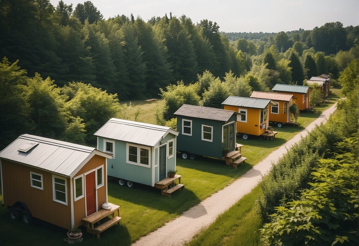 A cluster of tiny homes nestled within a peaceful Indiana community, surrounded by lush greenery and a serene atmosphere