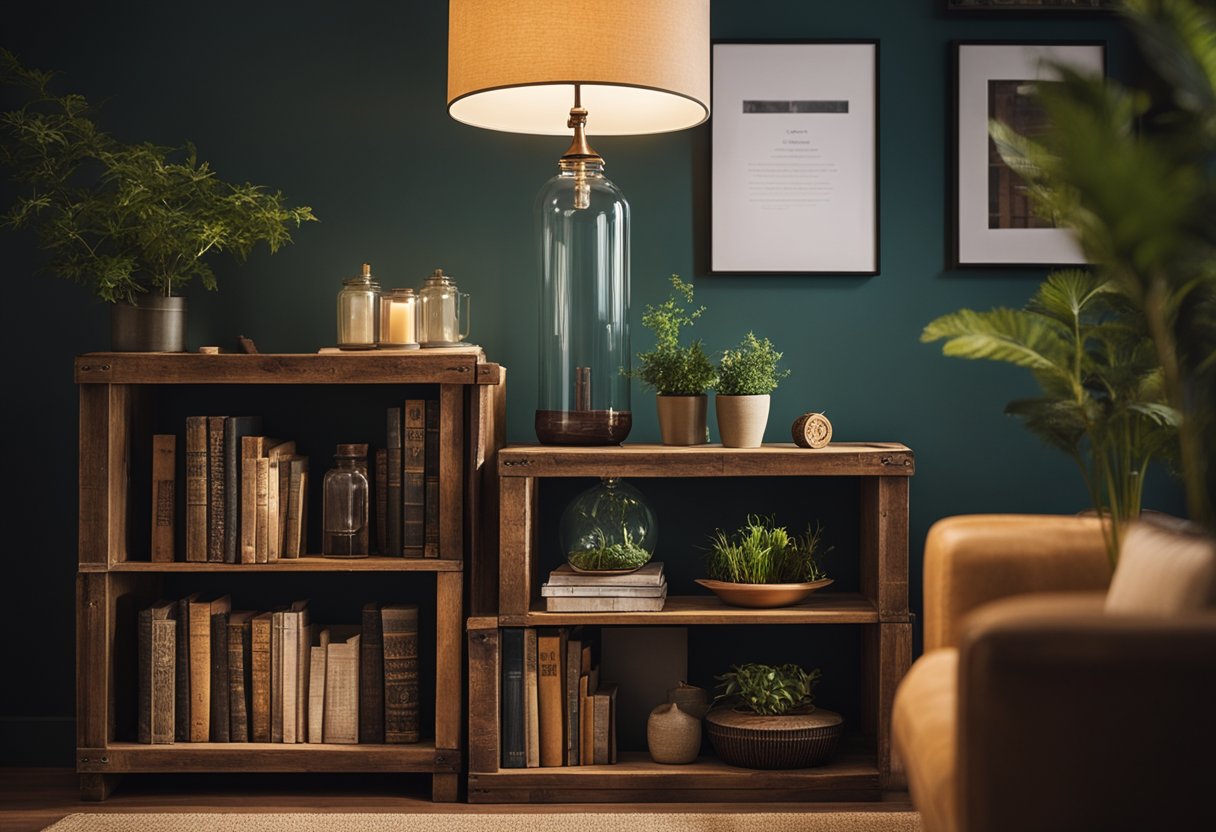 A living room with a bookshelf made from repurposed wooden crates, a coffee table made from an old door, and a lamp made from a recycled glass bottle