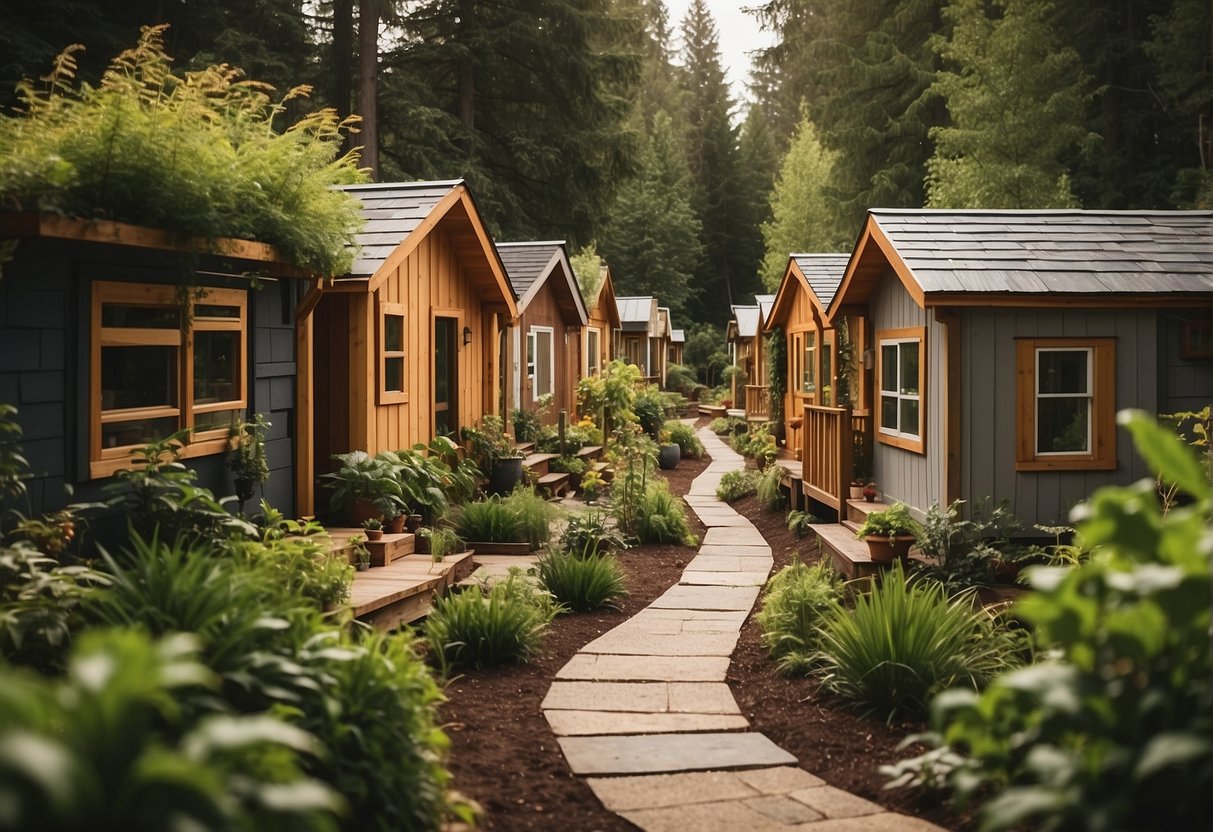 A cluster of tiny homes nestled among lush greenery, with small pathways connecting them. A sense of community as residents gather around a central area for socializing and shared activities