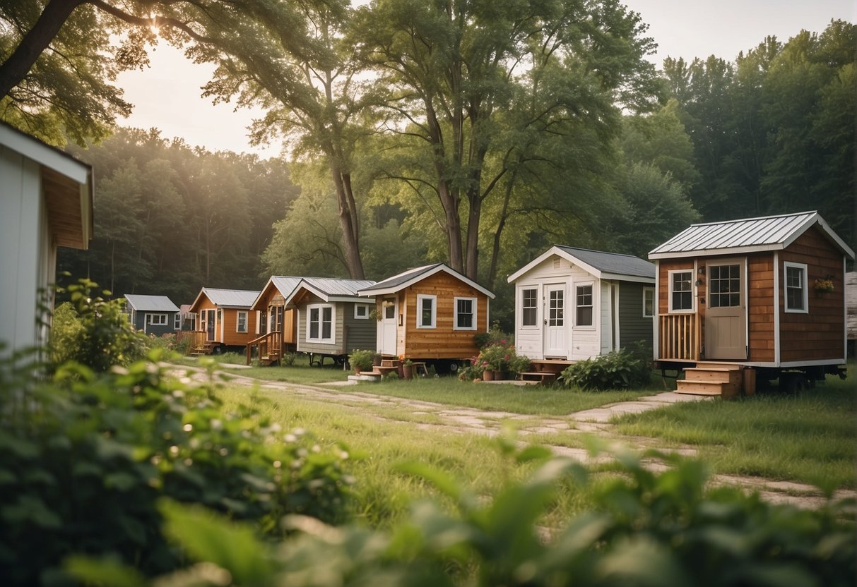 A group of tiny homes nestled in a peaceful Indiana community, surrounded by lush greenery and a sense of close-knit togetherness
