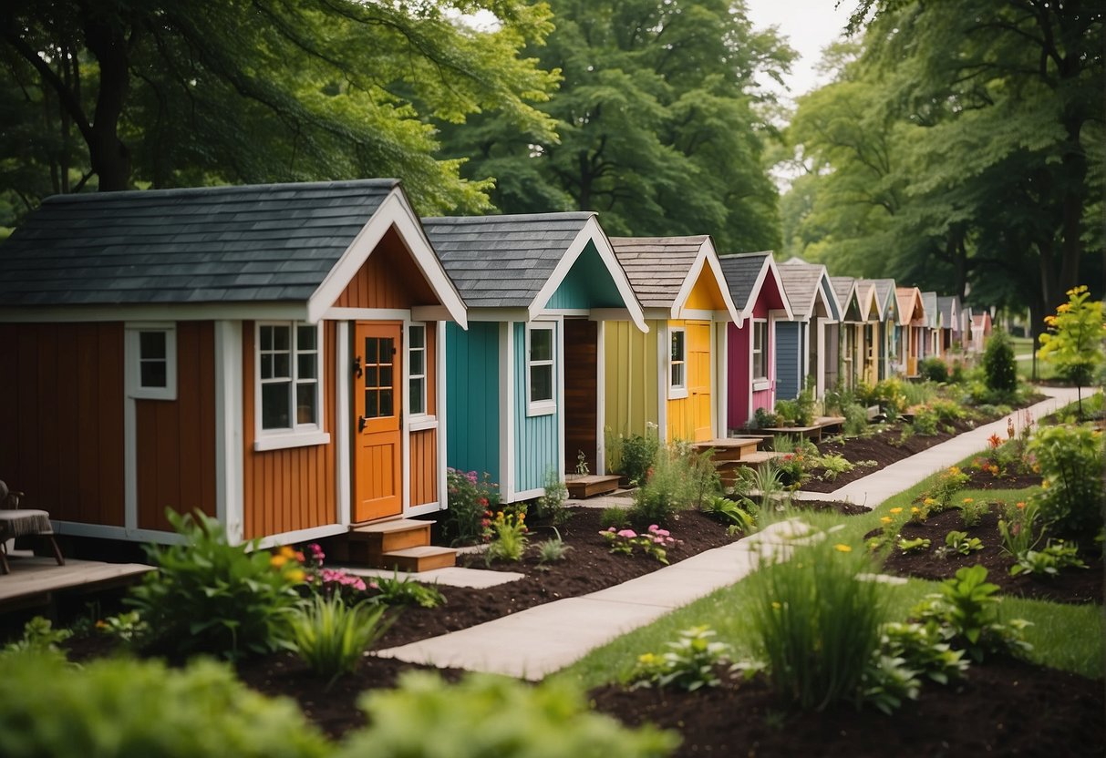 A row of colorful tiny homes nestled in a lush green community in Indianapolis, with communal gardens and outdoor gathering spaces