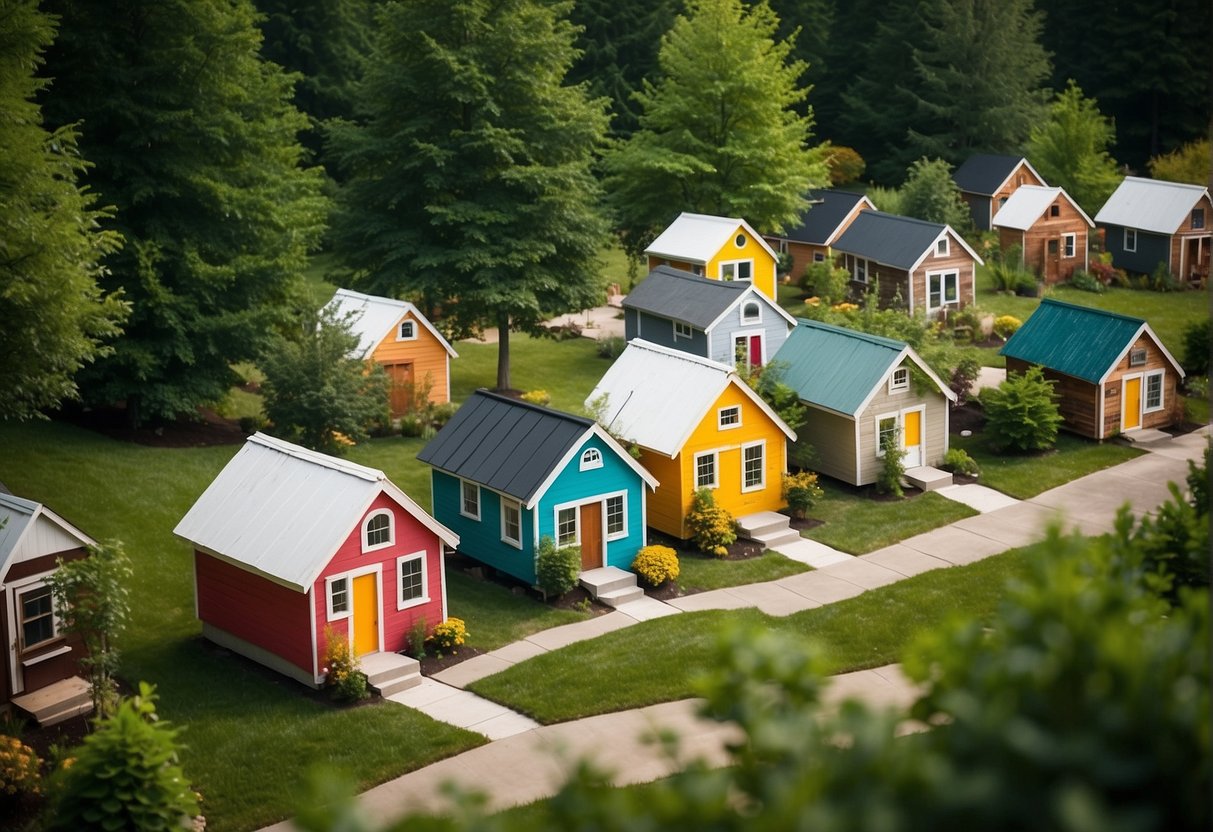 A cluster of colorful tiny homes nestled among lush green trees, with a central community area and small gardens in popular Indianapolis tiny home communities