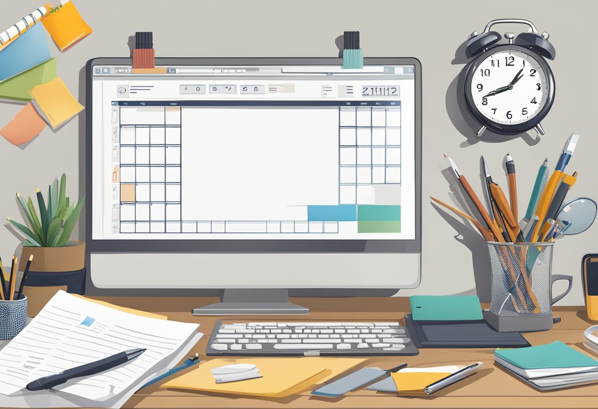 A clock ticking on a cluttered desk, with a to-do list and a calendar, surrounded by productive tools like a computer, notebook, and pen