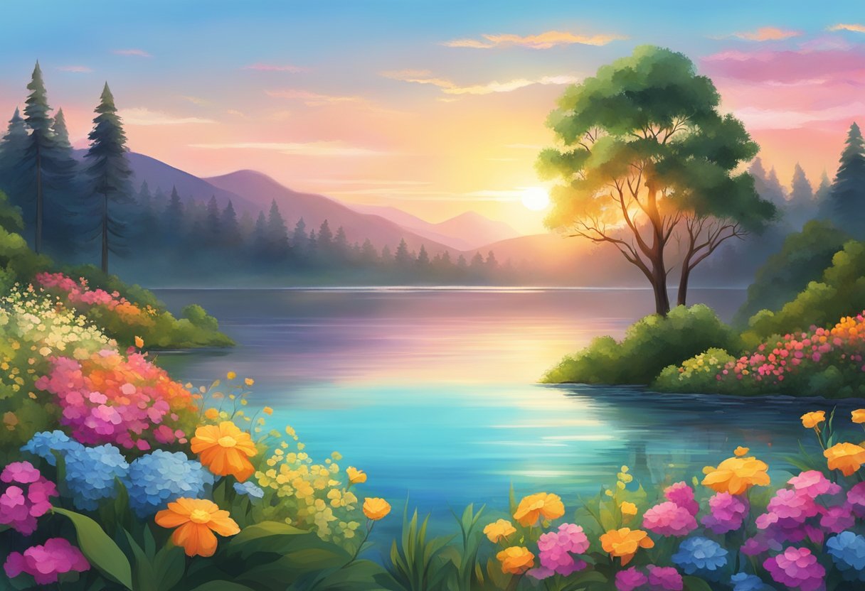 A serene landscape with a vibrant sunrise over a calm body of water, surrounded by lush greenery and colorful flowers