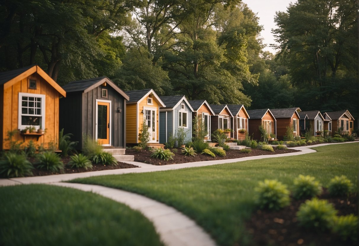 A group of tiny homes nestled in a vibrant community in Indianapolis, surrounded by lush greenery and communal spaces for residents to gather and connect
