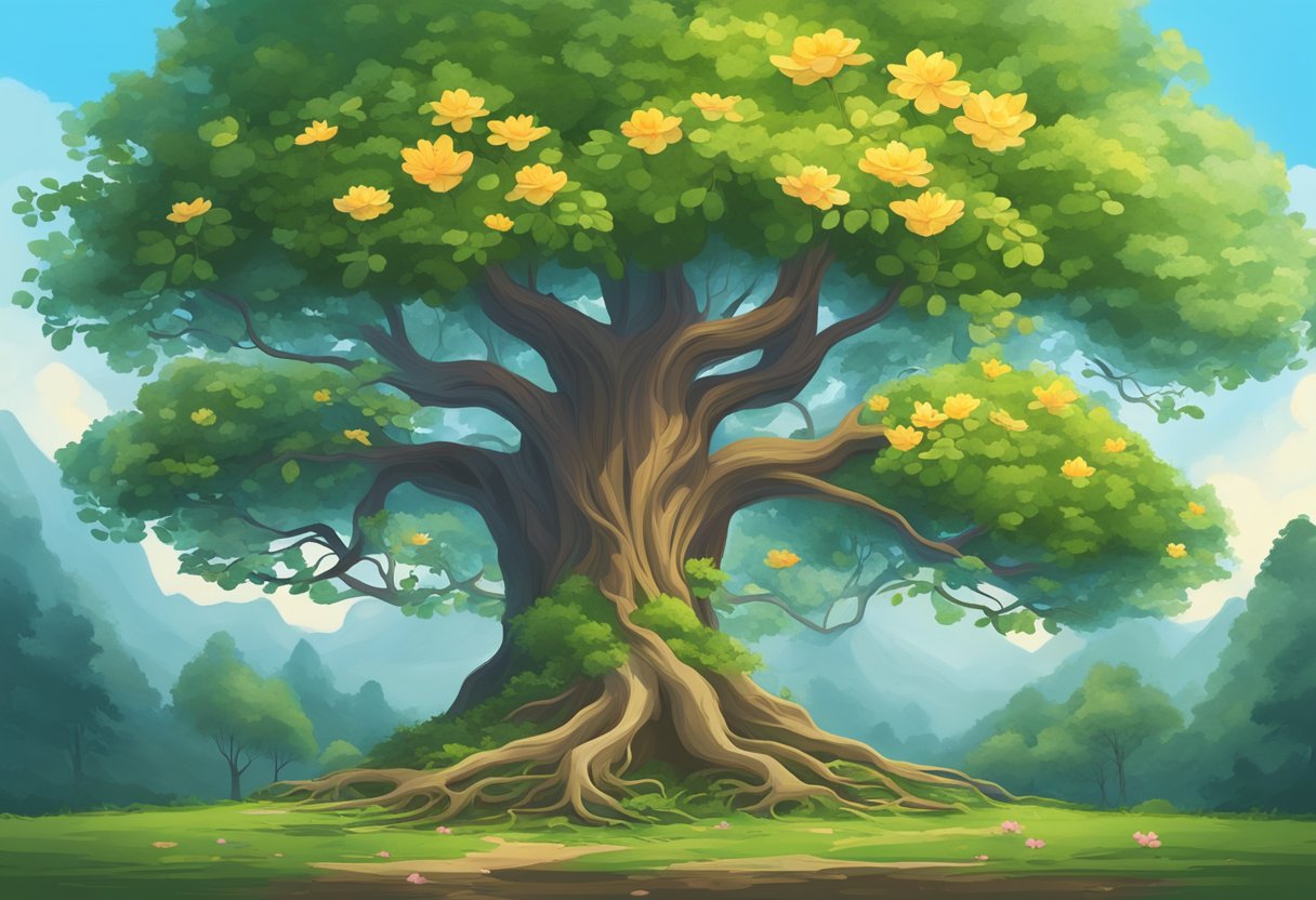 A tree growing tall with roots reaching deep into the ground, surrounded by blooming flowers and vibrant greenery, symbolizing continuous learning and personal growth