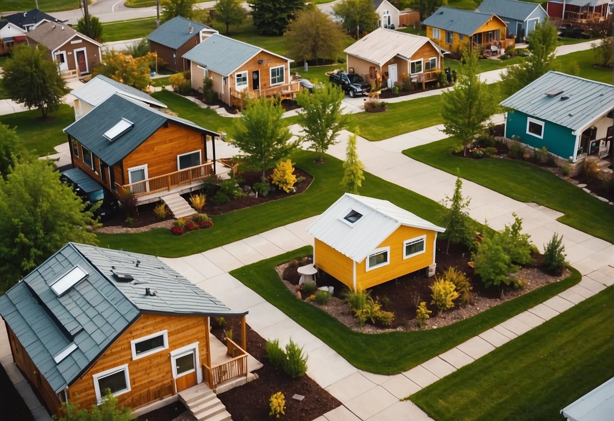 Aerial view of tiny homes in a vibrant Indianapolis community, with residents engaging in communal activities and enjoying the surrounding green spaces
