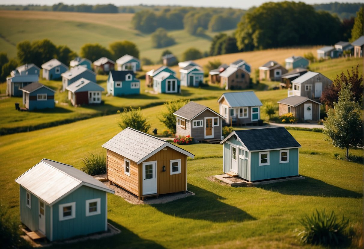 A cluster of tiny homes nestled among rolling hills in rural Iowa. Each home is uniquely designed, with vibrant gardens and communal spaces creating a sense of community