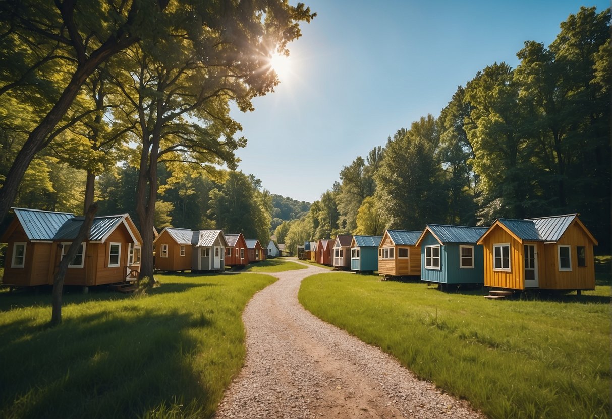 A cluster of tiny homes nestled in a serene Iowa landscape, surrounded by lush greenery and a clear blue sky