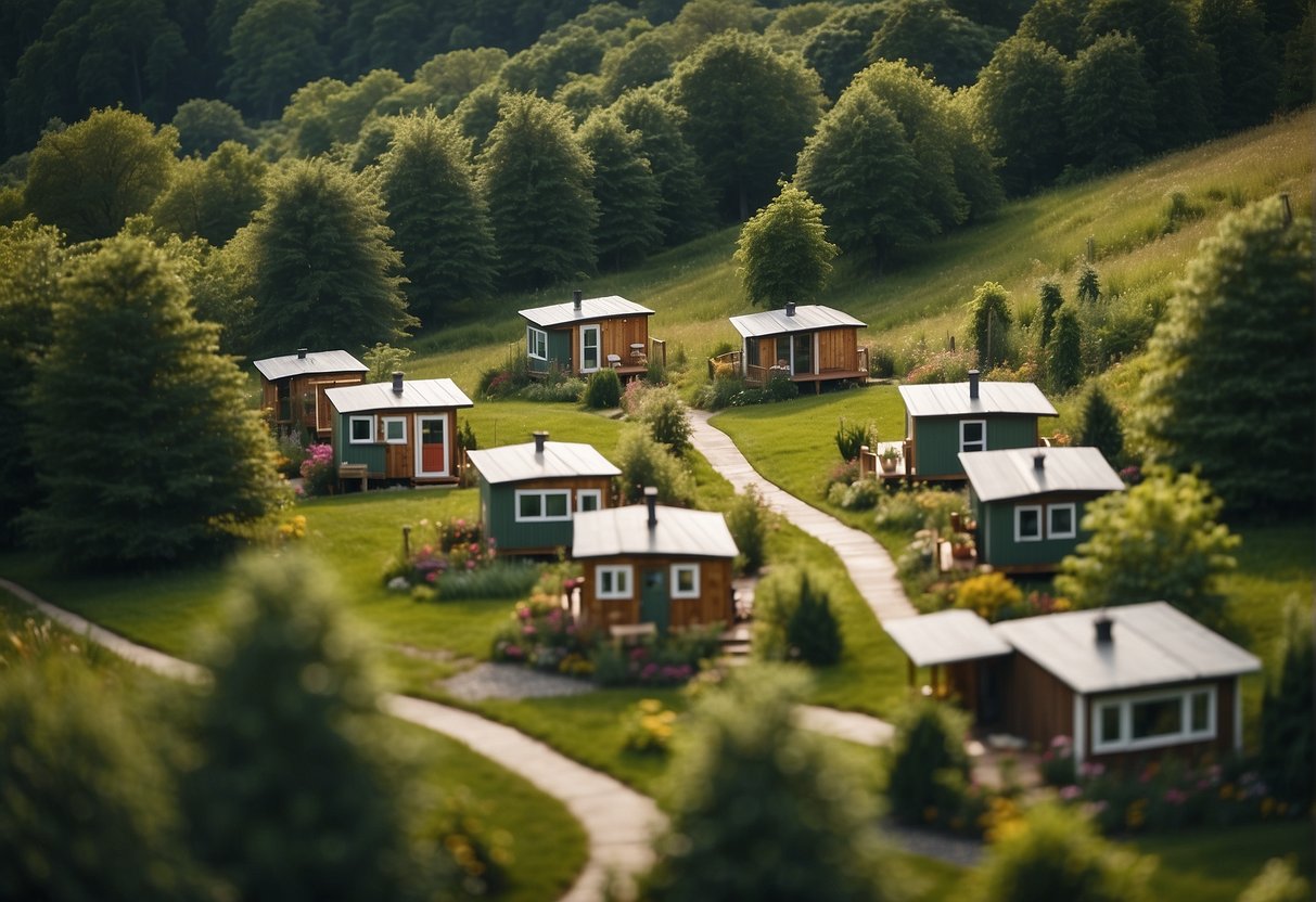 A cluster of tiny homes nestled in a green Iowa landscape, surrounded by trees and a winding river, with communal spaces and gardens