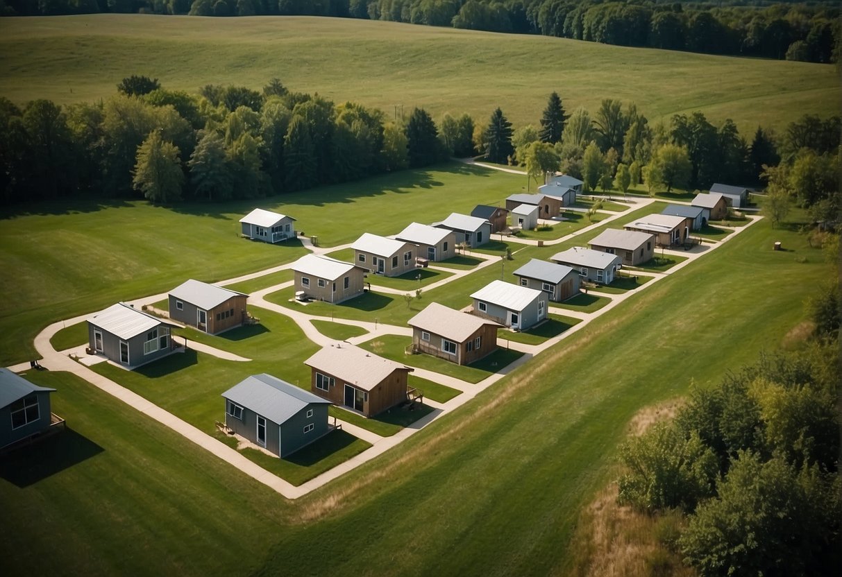 Aerial view of tiny homes nestled in a green Iowa landscape with communal spaces and walking paths