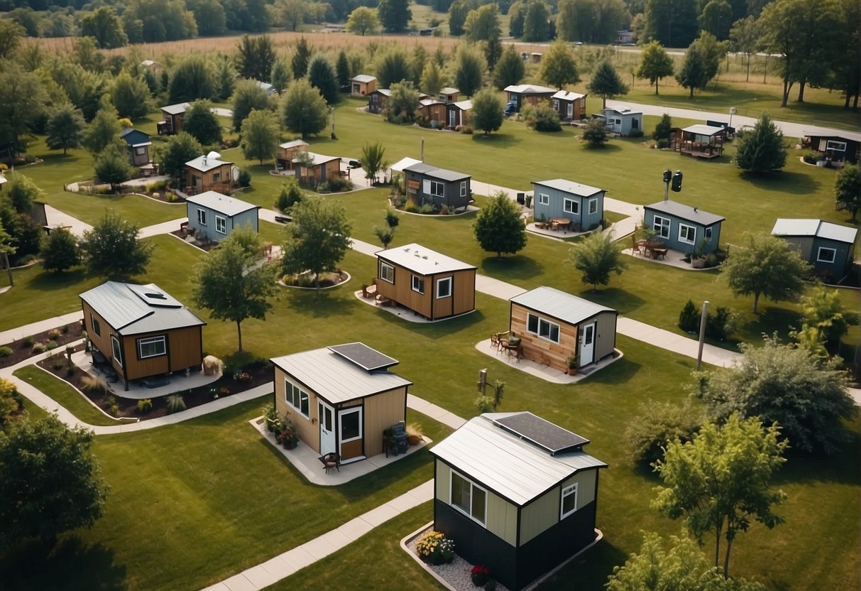 Aerial view of neatly arranged tiny homes in an Iowa community, surrounded by greenery and communal spaces