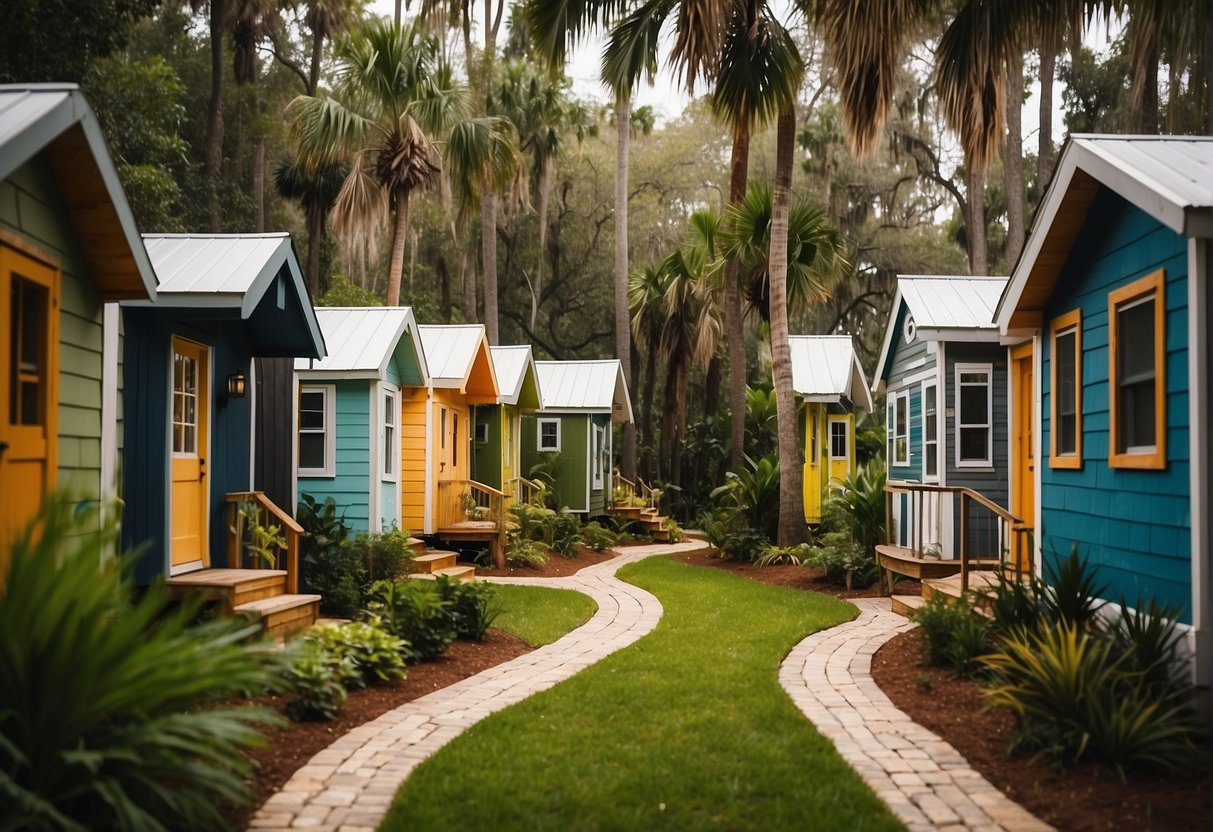 A cluster of tiny homes nestled among lush greenery in a Jacksonville, Florida community. The small, colorful houses are arranged in a neat and inviting manner, with communal areas and gardens interspersed throughout