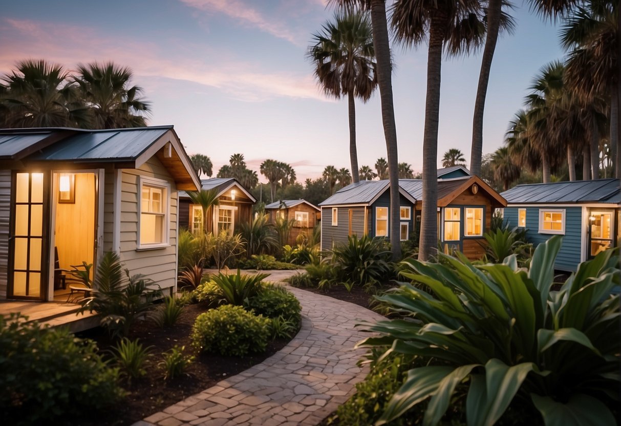 A cluster of tiny homes nestled among lush greenery in a Jacksonville community. Palm trees sway in the background, and a sense of tranquility fills the air