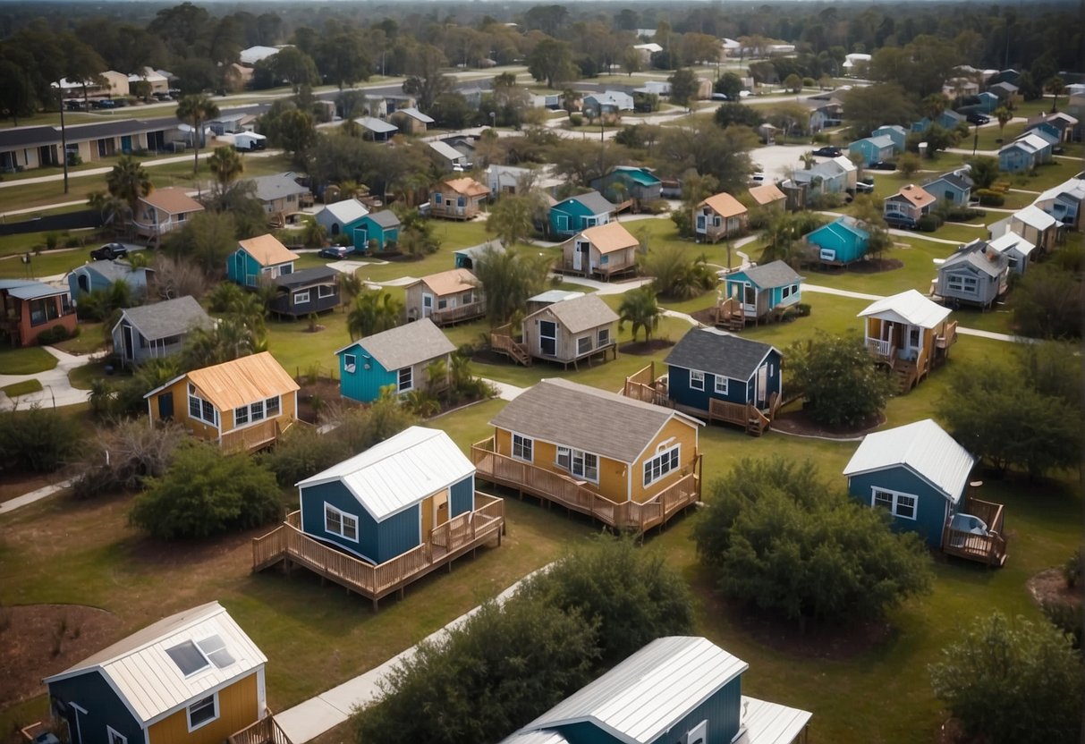 Aerial view of tiny homes clustered in Jacksonville, Florida. Common areas, gardens, and community facilities are integrated within the compact layout