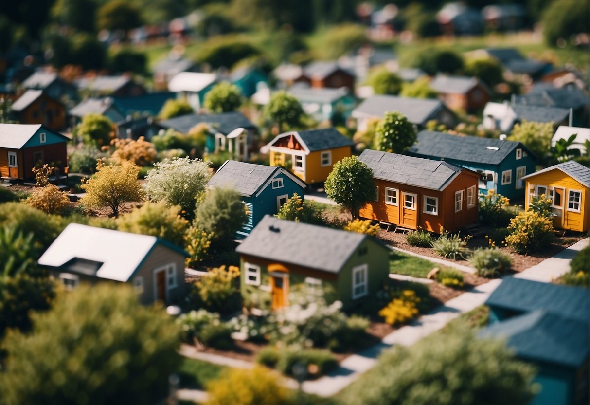A vibrant community of tiny homes nestled among lush greenery, with residents enjoying nearby amenities such as parks, cafes, and local shops