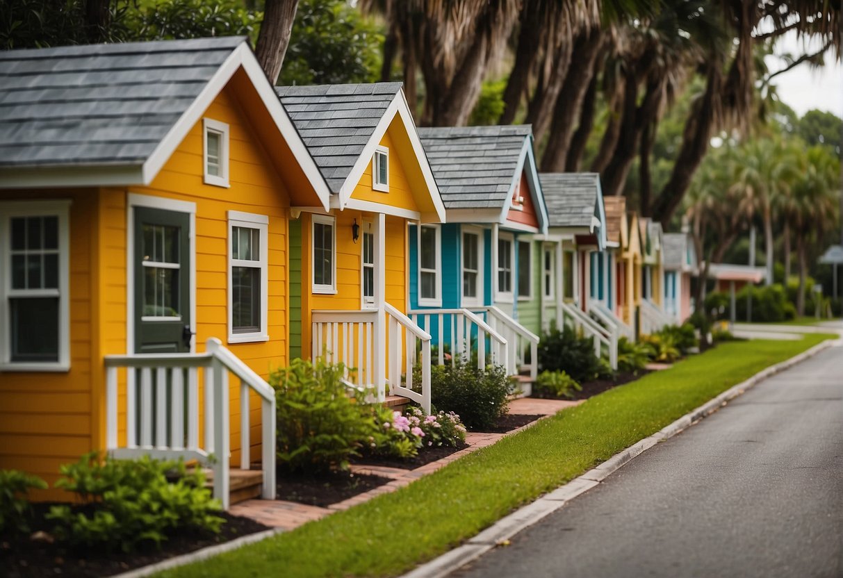 A row of colorful tiny homes nestled among lush green trees in a Jacksonville, Florida community. Signs with "Frequently Asked Questions" are posted near the entrance