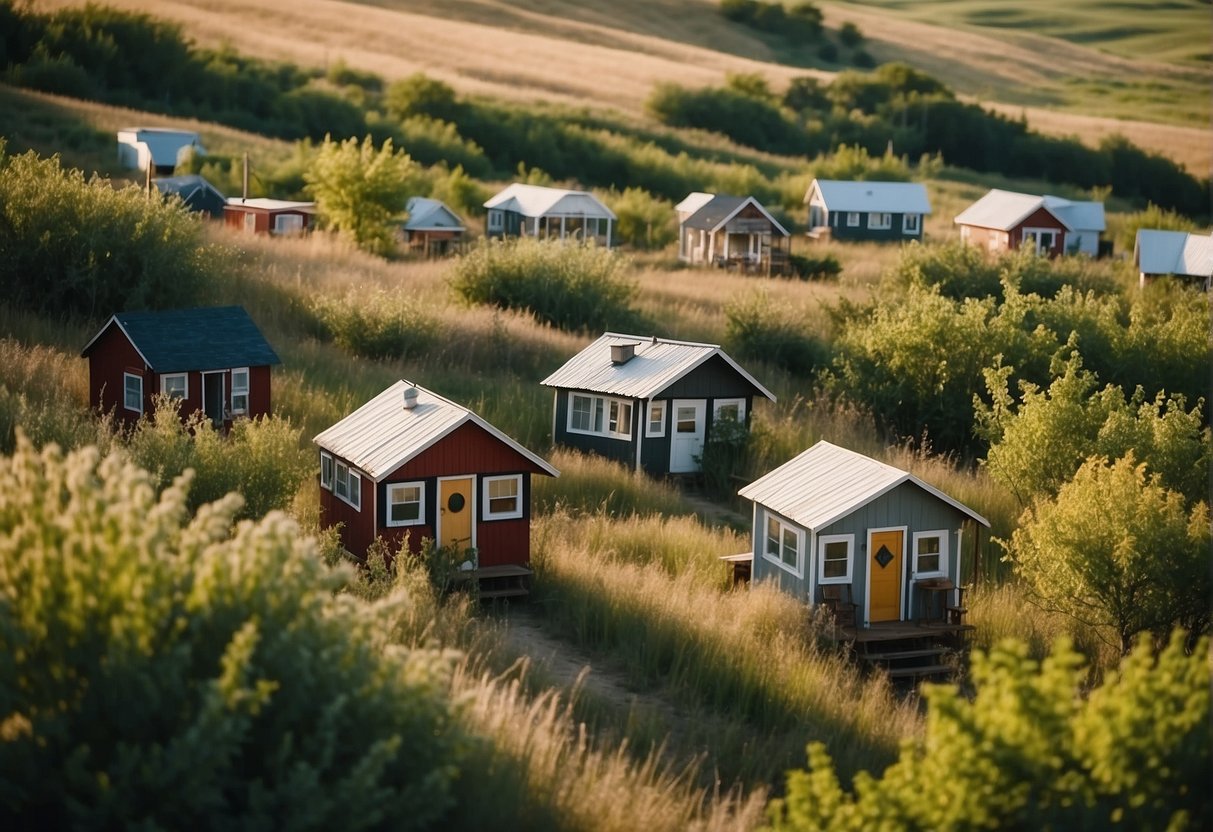 A cluster of tiny homes dot the Kansas landscape, nestled among rolling hills and lush greenery, creating a sense of community and tranquility