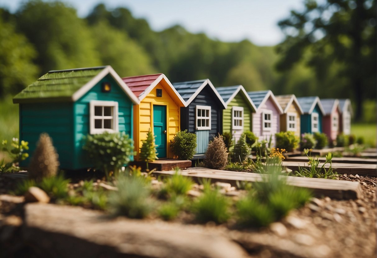 A row of colorful tiny homes nestled among green trees in a peaceful Kansas community