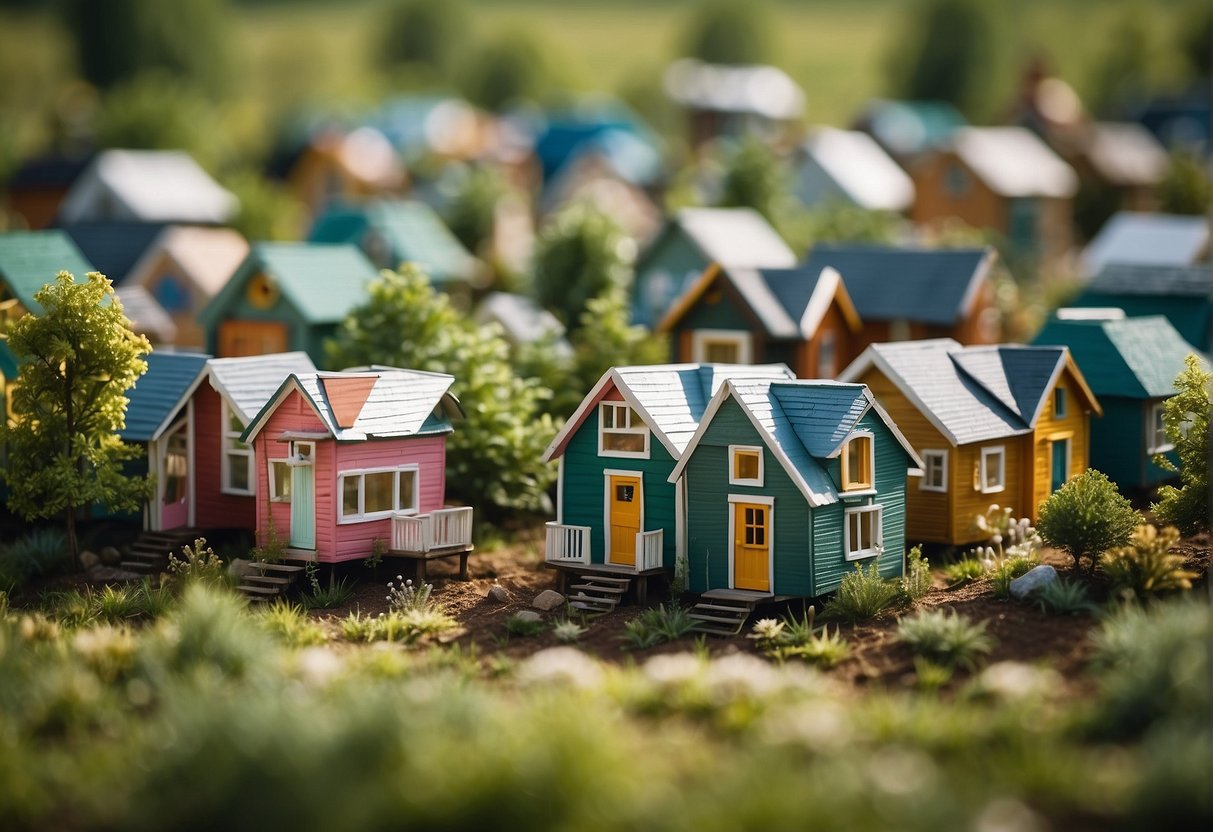 A cluster of tiny homes nestled in a green Kansas landscape, each with unique designs and colors, creating a vibrant and cozy community