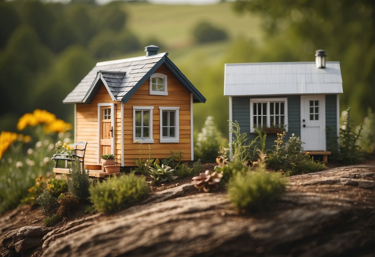 Tiny homes in Kansas, nestled among rolling hills and surrounded by lush greenery. A sign displaying local regulations and legal information stands at the entrance